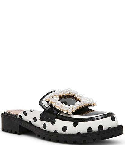 Betsey Johnson Grayce Leather Pearl Embellished Buckle Loafer Mules