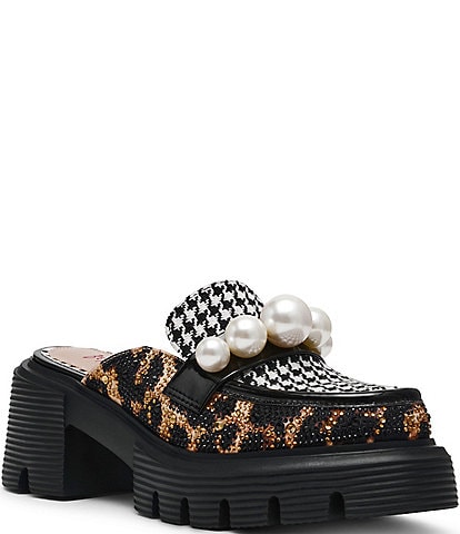 Betsey Johnson Haizel Houndstooth and Leopard Pearl Embellished Platform Loafer Mules