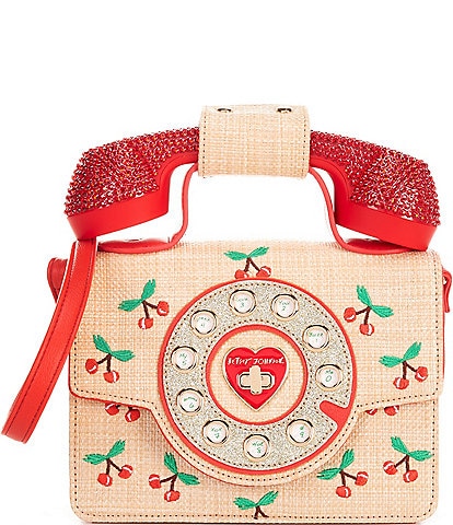 Betsey Johnson Kitsch Cherry on Top Raffia Phone Natural Crossbody Bag
