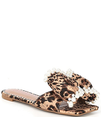Betsey Johnson Liah Leopard Print Pearl Embellished Slide Sandals