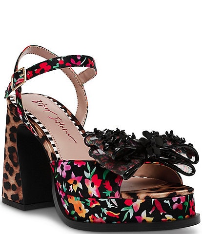 Betsey Johnson Lilie Ditsy Floral Print Mesh Bow Platform Block Heel Sandals