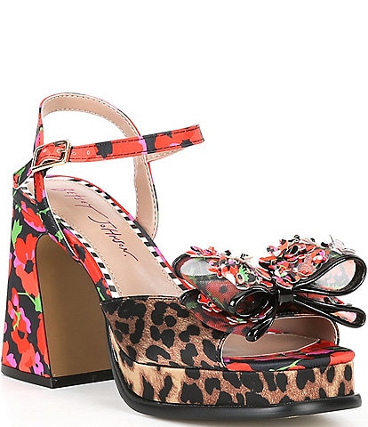 Betsey Johnson Lilie Leopard Print Mesh Bow Platform Block Heel Sandals