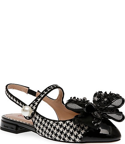 Betsey Johnson Livy Houndstooth Pearl Bow Slingback Mary Janes