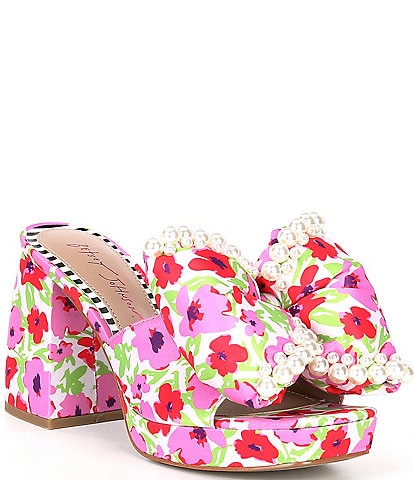 Betsey Johnson Maccie Floral Print Pearl Embellished Platform Slide Sandals
