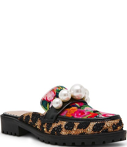 Betsey Johnson Norah Leopard Houndstooth Pearl Loafer Mules