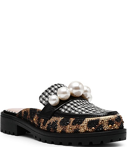 Betsey Johnson Norah Leopard Houndstooth Pearl Loafer Mules