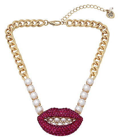 Betsey Johnson Pave Lips Pearl Short Pendant Statement Necklace