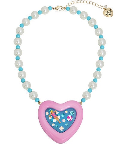 Betsey Johnson Pool Party Rhinestones and Pearl Heart Statement Short Pendant Necklace