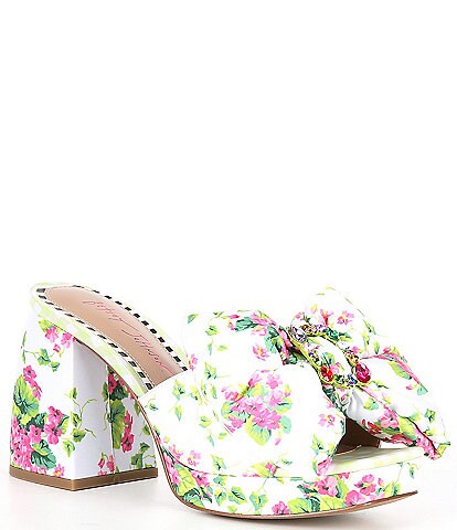 Betsey Johnson Possie Floral Print Puffy Bow Jewel Detail Platform Slide Sandals
