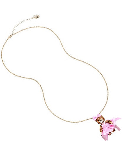 Betsey Johnson Rhinestone Cheerleader Bear Long Pendant Necklace