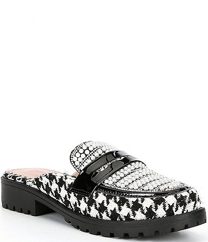 Betsey Johnson Ronin Houndstooth Pearl Lug Sole Loafer Mules