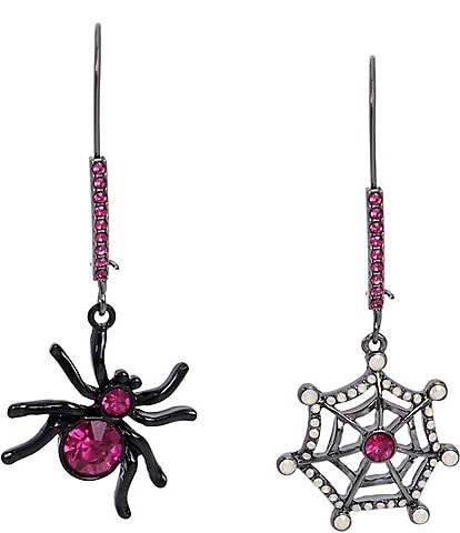 Betsey Johnson Spider Web Rhinestone Mismatch Dangle Drop Earrings