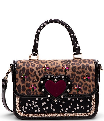 Betsey Johnson Heart Leopard Top Handle Flap Crossbody Bag