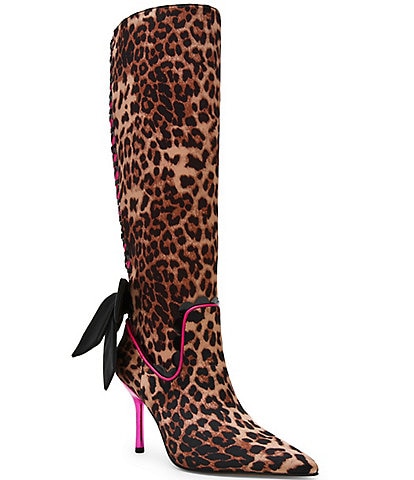 Betsey Johnson Vespar Leopard Print Oversized Bow Tall Boots