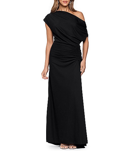 Betsy & Adam Asymmetrical Neck Ruched Jersey Blouson Dress