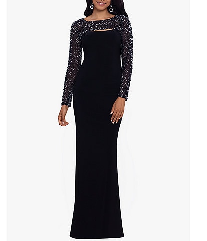 Betsy & Adam Beaded Illusion Long Sleeve Round Neck Cut-Out Sheath Gown