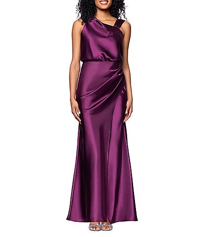 Betsy & Adam Charmeuse Sleeveless Ruched Long Dress