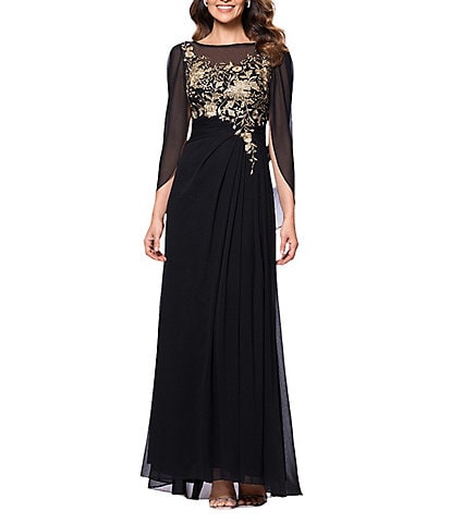 Betsy & Adam Chiffon Boat Neck 3/4 Sleeve Back Cape Sheath Dress