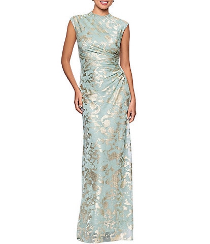 Betsy & Adam Crinkle Metallic Mock Neck Sleeveless A-Line Gown