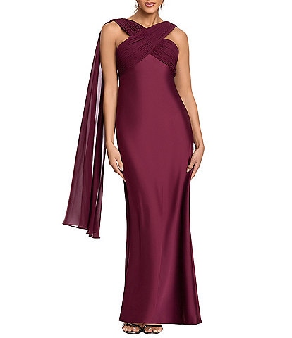 Betsy & Adam Cross Neck Chiffon Scarf Satin Dress