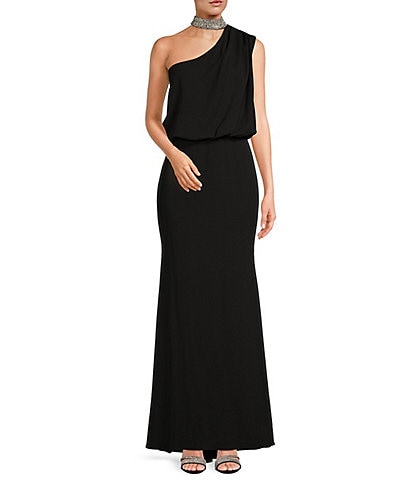 Betsy & Adam Crystal Neck One Shoulder Sleeveless Stretch Blouson Gown