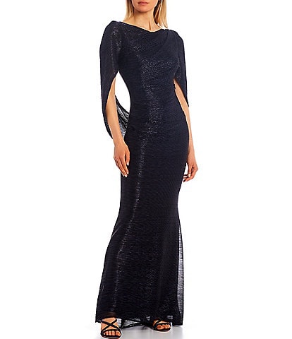 Betsy & Adam Drape Back Detail 3/4 Cape Sleeve Draped Round Neck Metallic Crinkle Ruched Sheath Gown