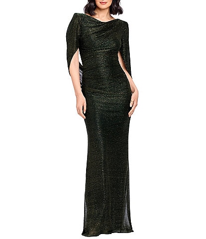 Betsy & Adam Drape Back Detail 3/4 Cape Sleeve Draped V-Neck Metallic Crinkle Ruched Sheath Gown