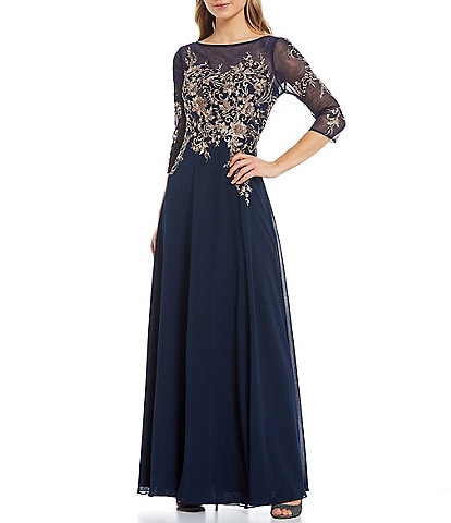 Betsy & Adam Embroidered Bodice Boat Neck 3/4 Sleeve Chiffon Gown