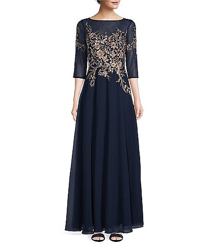 Betsy & Adam Embroidered Bodice Boat Neck 3/4 Sleeve Chiffon Gown