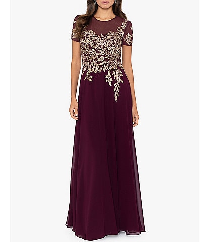 Betsy & Adam Floral Embroidered Chiffon Illusion Scoop Neck Short Sleeve Gown