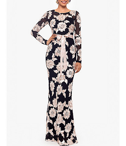 Betsy & Adam Floral Embroidered Mesh Jewel Neck Long Sleeve Tie Waist Gown