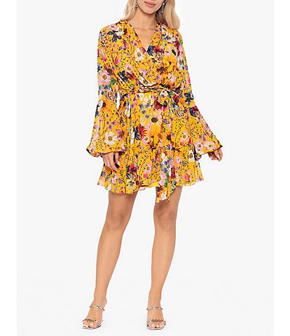 Betsy & Adam Floral Print V-Neck Long Sleeve Wrap Dress