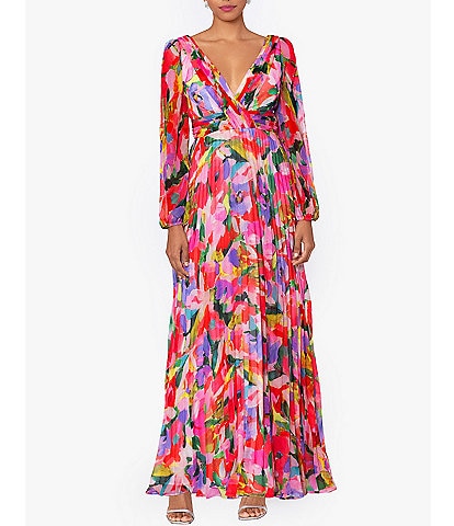 Betsy & Adam Floral V Neckline Long Sleeve Pleated Gown