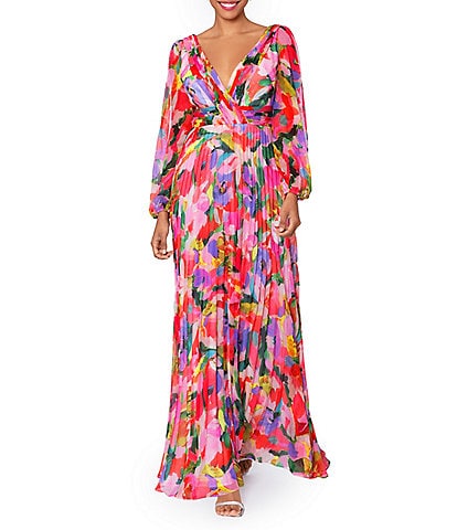 Betsy & Adam Floral V Neckline Long Sleeve Pleated Gown