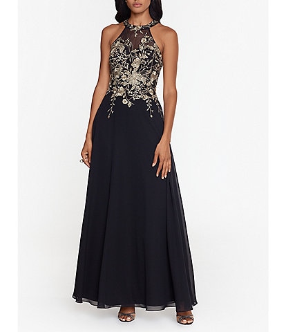 Betsy & Adam Halter Neck Floral Embroidered Sleeveless Chiffon Gown