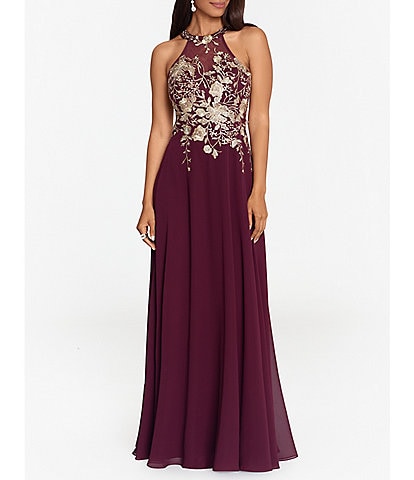 Betsy & Adam Halter Neck Floral Embroidered Sleeveless Chiffon Gown