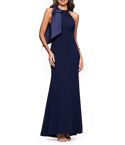 Betsy & Adam Halter Scuba Crepe Gown With Mikado Bow
