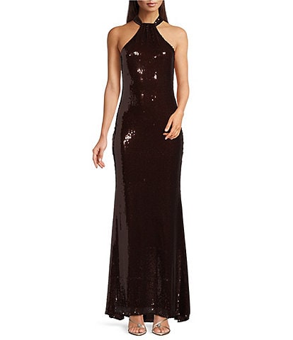 Betsy & Adam Halter Sequin Sheath Gown