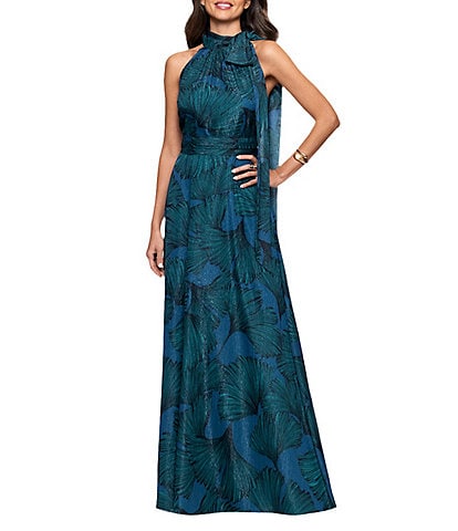 Betsy & Adam Halter Tie Neck Palm Print Shimmer Chiffon Sleeveless Maxi Dress