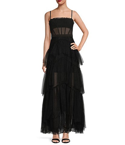 Betsy & Adam Illusion Tiered Ruffle Tulle Square Neck Mesh Sleeveless Gown