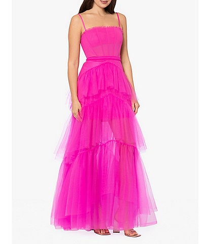 Betsy & Adam Illusion Tiered Ruffle Tulle Square Neck Mesh Sleeveless Gown