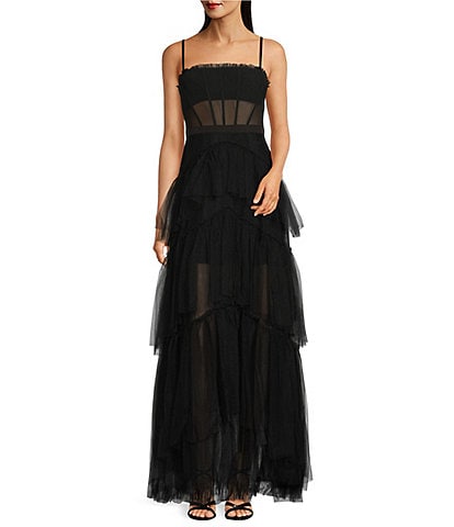 Betsy & Adam Illusion Tiered Ruffled Tulle Square Neck Mesh Sleeveless Gown