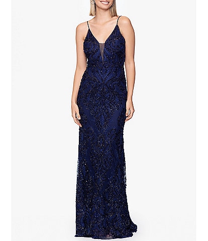Betsy & Adam Illusion V Neck Sequined Column Gown