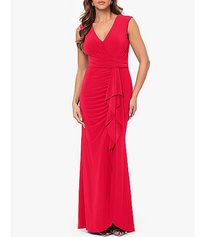 Betsy & Adam ITY Surplice V-Neck Sleeveless Wrap Cascading Ruffle Gown