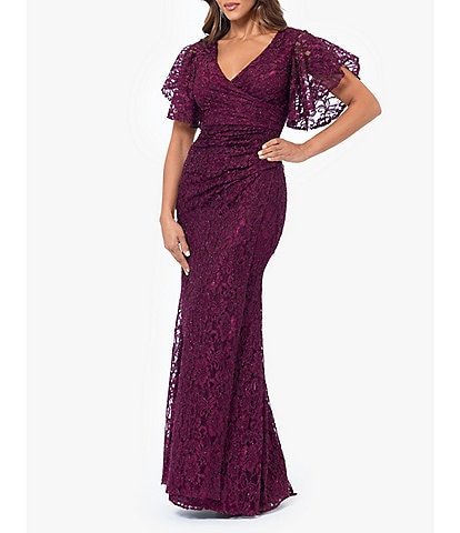 Betsy & Adam Lace Surplice V-Neck Illusion Flutter Sleeve Pleated Gown