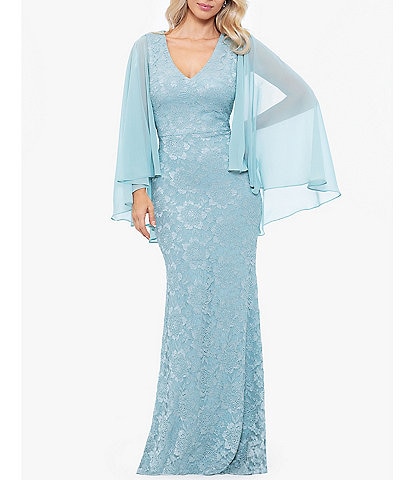 Betsy & Adam Lace V-Neck Sheer Cape Gown