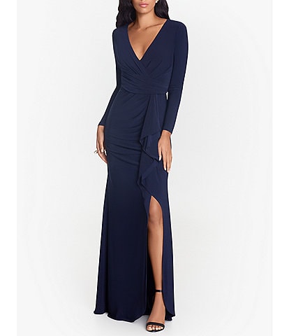 Betsy & Adam Long Sleeve Surplice V-Neck Front Slit Side Ruched Gown