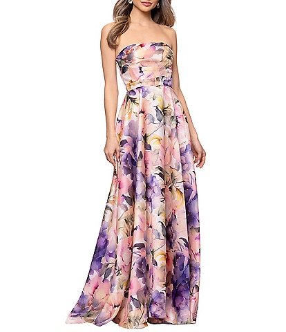 Betsy & Adam Long Strapless Floral Print Dress