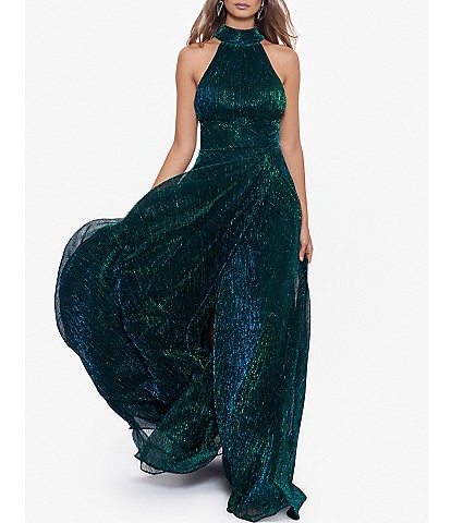 Betsy & Adam Metallic Crinkle Halter Mock Neck Sleeveless Wrap Gown