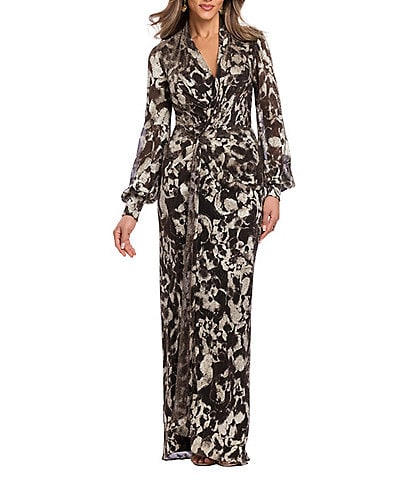 Betsy & Adam Metallic Crinkle Print V-Neck Long Sleeve Gown
